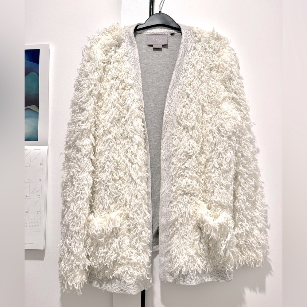 Anthropologie white shaggy coat with subtle silver sparkle